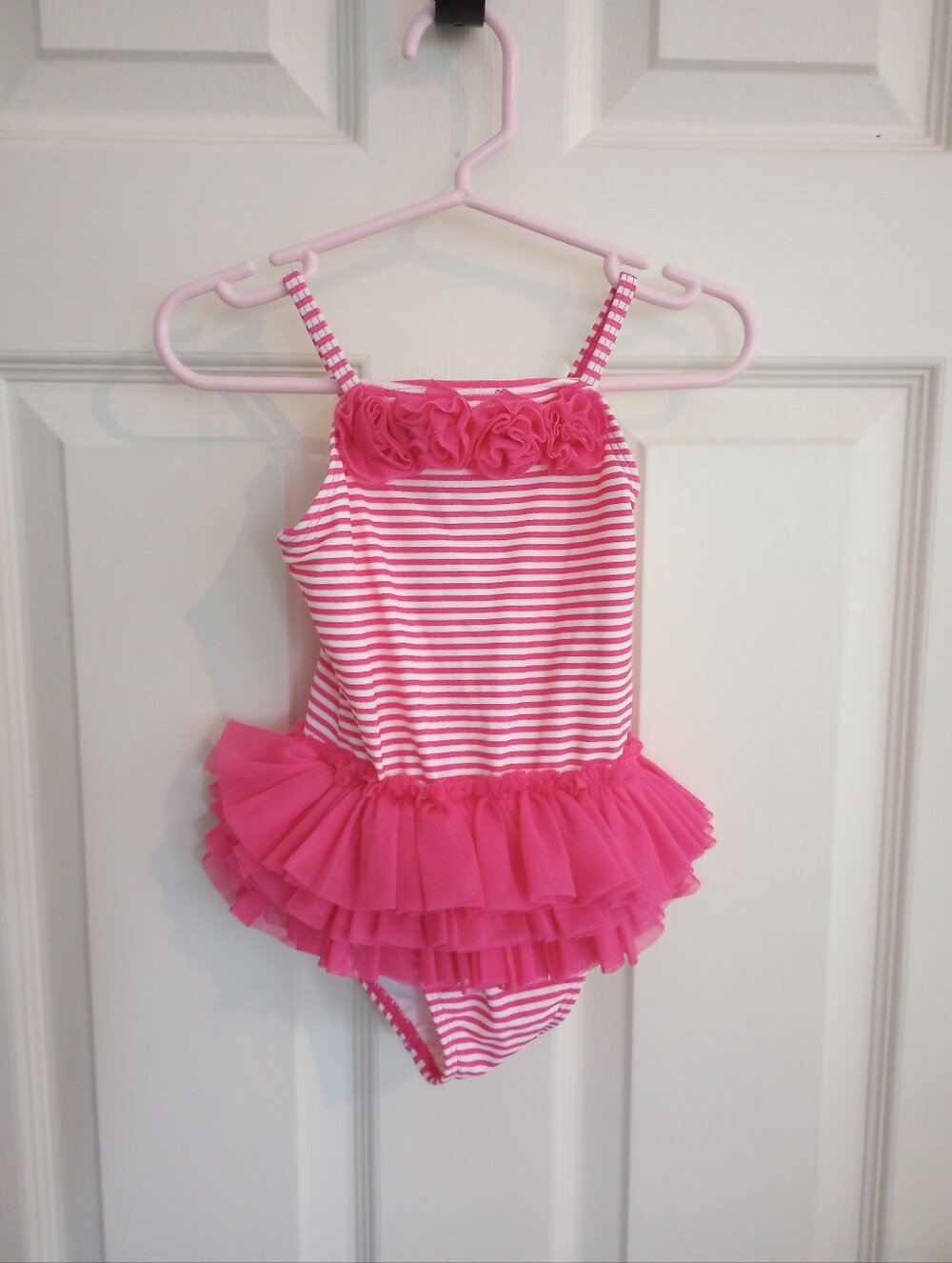 Little Me Pink and White Striped Ruffle Swimsuit